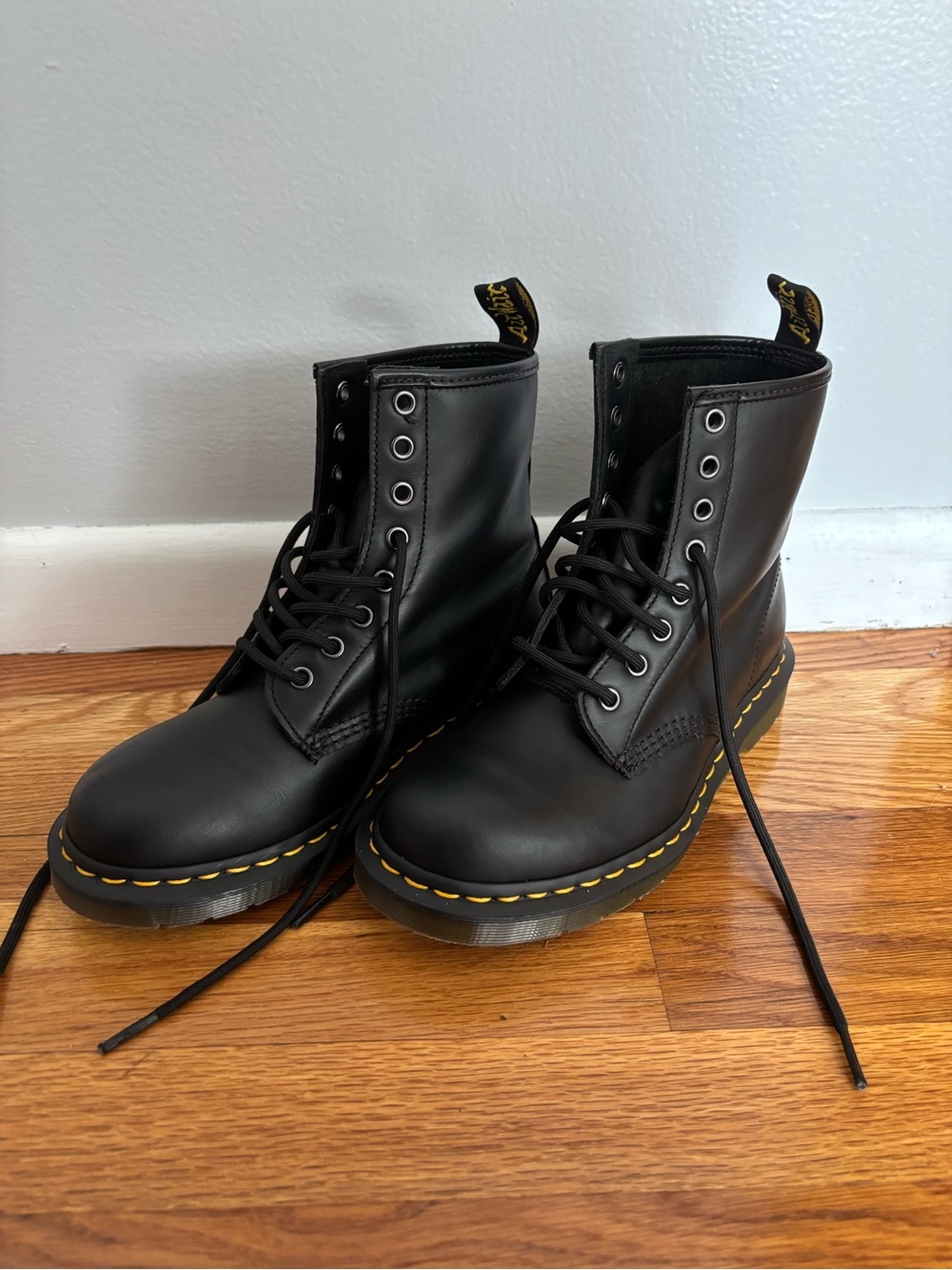 Dr. Martens NWOB Black Leather Lace-Up Boots with Yellow Stitching
